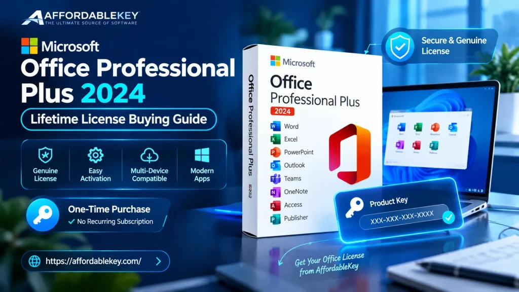Buy Microsoft Office Professional Plus 2024 lifetime license featured image with product box, product key, and AffordableKey branding