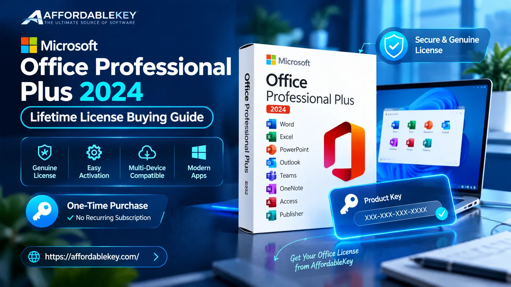 Buy Microsoft Office Professional Plus 2024 lifetime license featured image with product box, product key, and AffordableKey branding